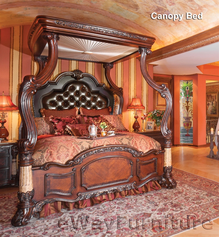 Baroque Canopy Bed with Sunburst Fabric Ceiling and Tufted Upholstery