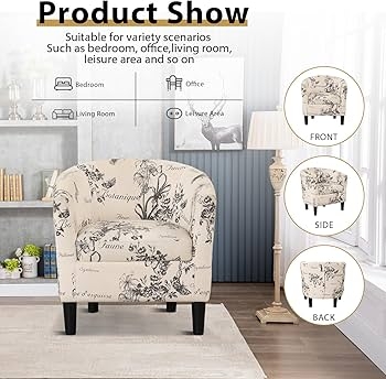 Barrel Accent Chair Botanical Script Print Cream Fabric with Tapered Legs