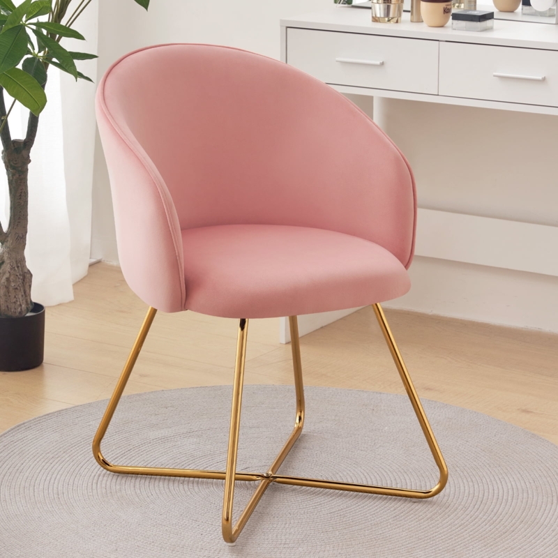 Barrel Accent Chair in Pink Velvet with Gold Cross Base Legs