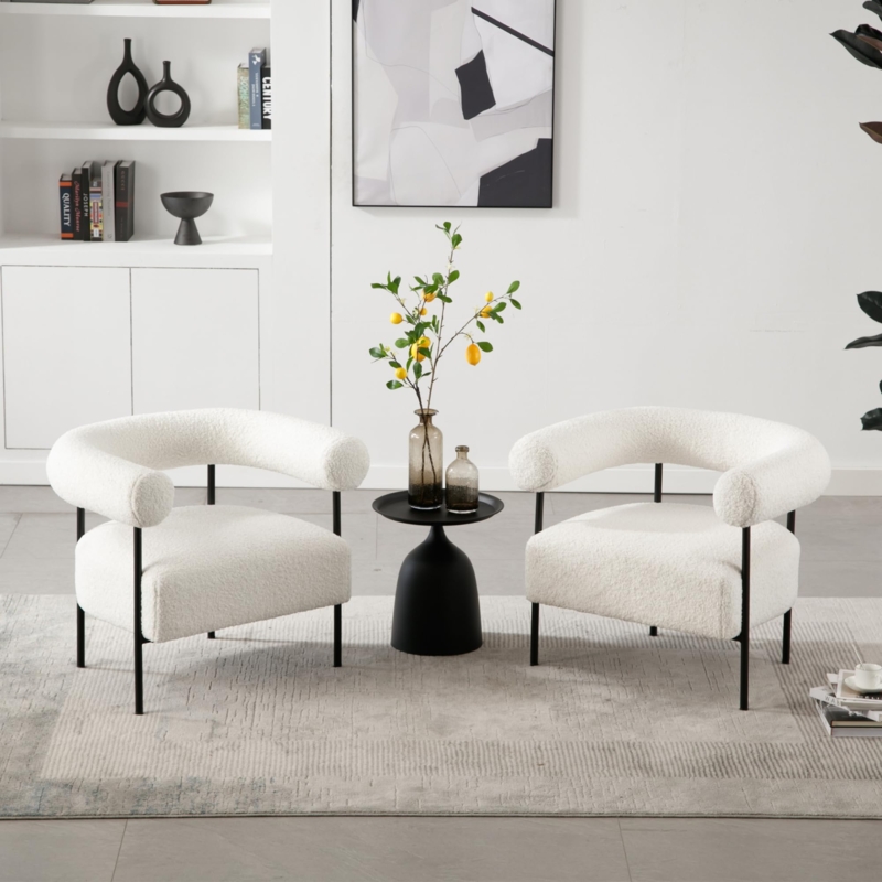 Barrel Accent Chair White Boucle Texture Slim Legs Minimalist
