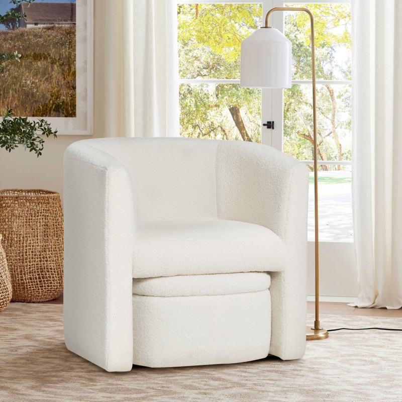 Barrel Accent Chair, White Boucle with Clever Nesting Ottoman & Gold Legs