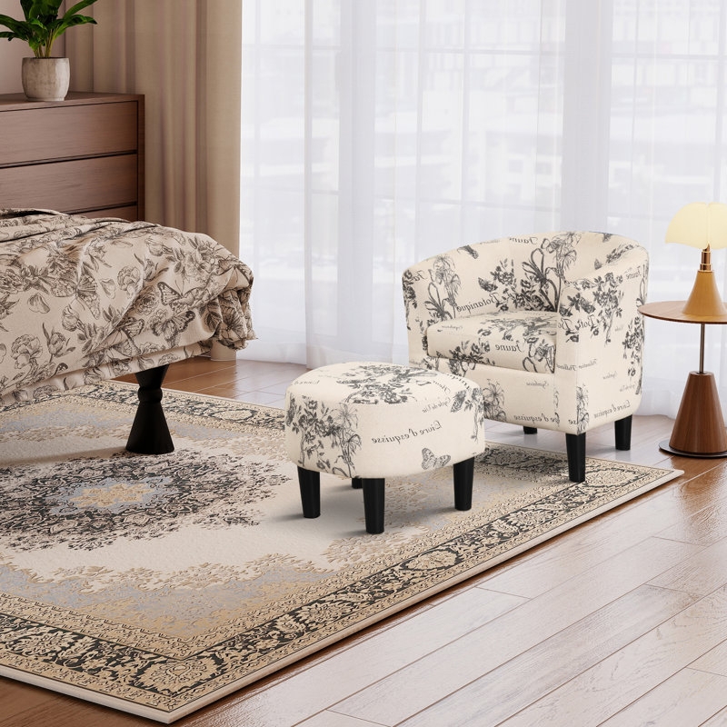 Barrel Chair Botanical Toile Print Cream and Black Ottoman Set