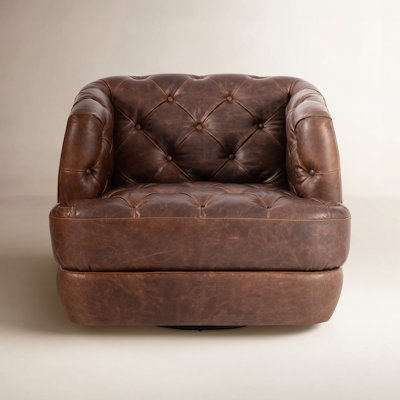 Barrel Chair Distressed Brown Diamond Tufted Swivel