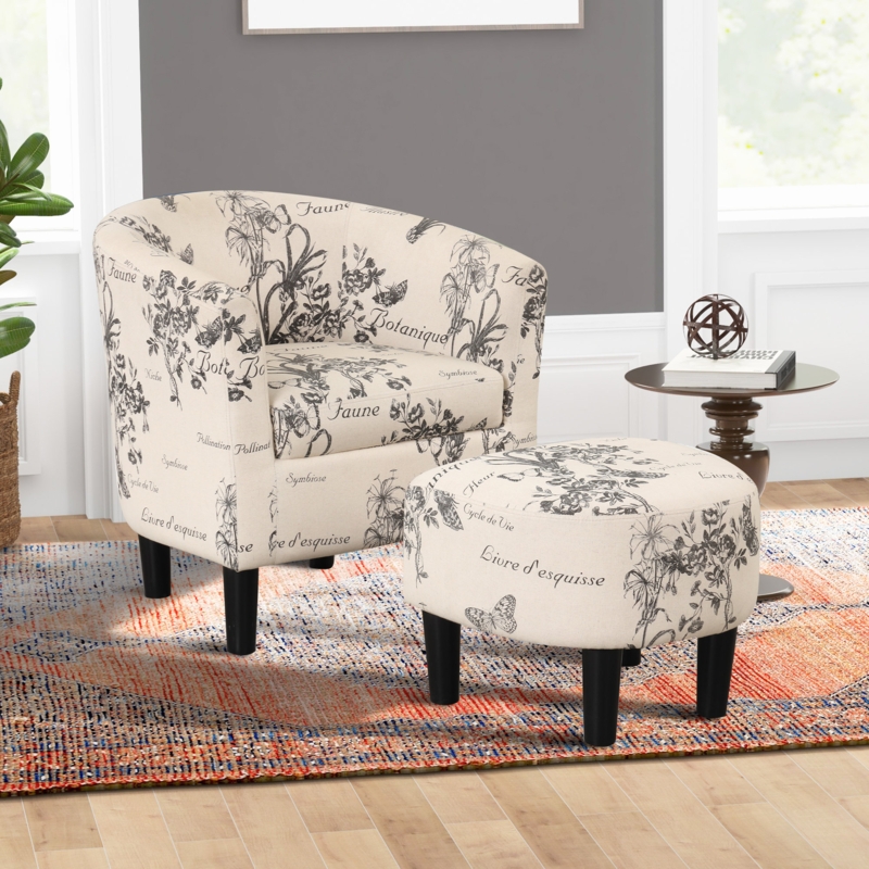 Barrel Chair French Country Script Print Cream Fabric Ottoman Set