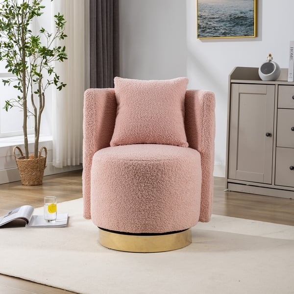 Barrel Chair Pink Boucle Swivel Gold Base Contemporary Seating