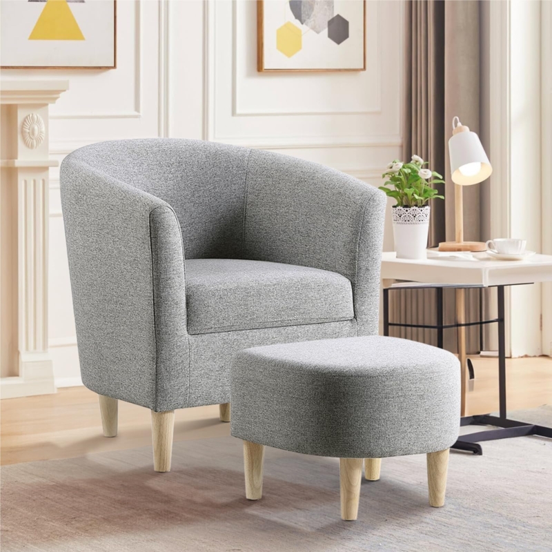 Barrel Chair Textured Weave Grey Fabric with Ottoman and Wood Legs