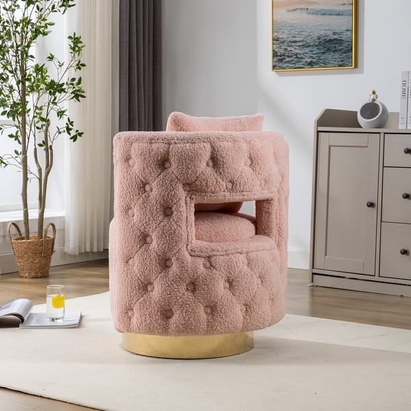 Barrel Chair Tufted Pink Boucle Gold Swivel Back Cutout