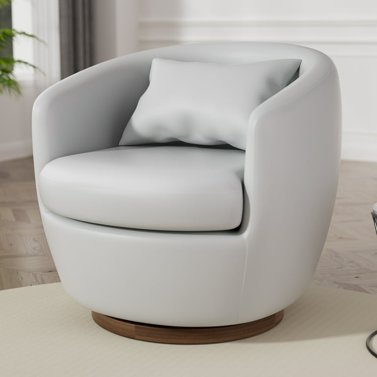Barrel Chair, White Leather-Like, Swivel Base, Modern Minimalist