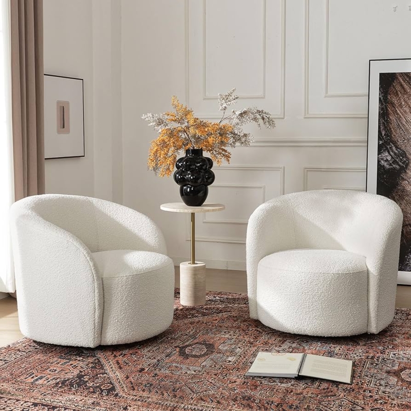 Barrel Chairs: Set of 2 Boucle Swivel with Recessed Base