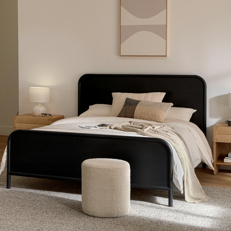 Bed Black Wood Frame Minimalist Rounded Corners Platform Style