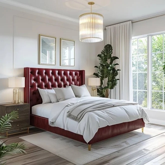 Bed Burgundy Velvet Tall Diamond Tufted Headboard Gold Legs