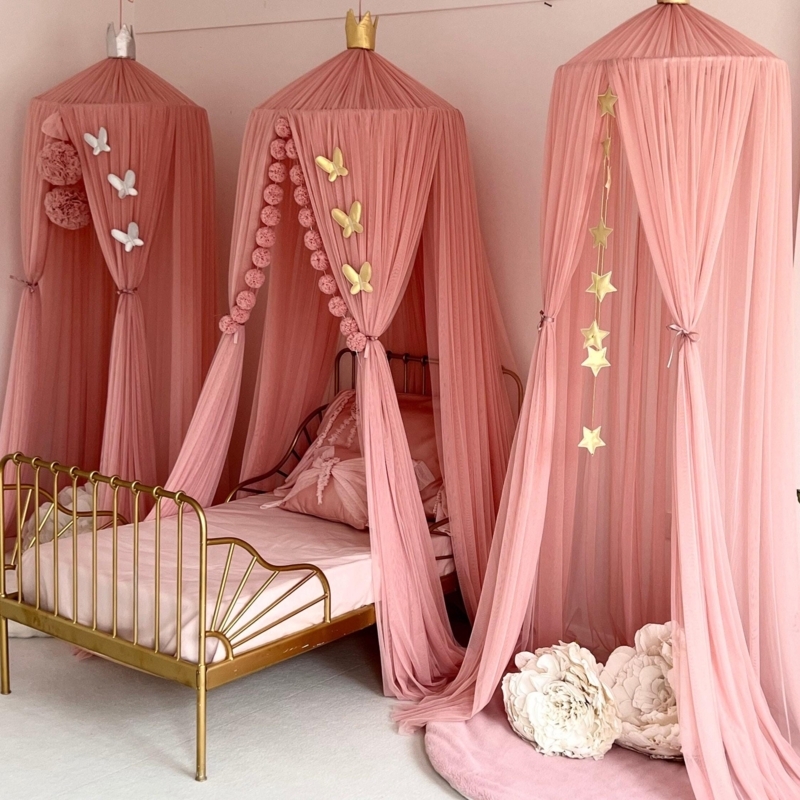 Bed Canopy Blush Tulle Pleated Gold Crown Topper