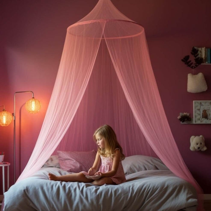 Bed Canopy Dusty Pink Mesh Hoop-Top Floor-Length