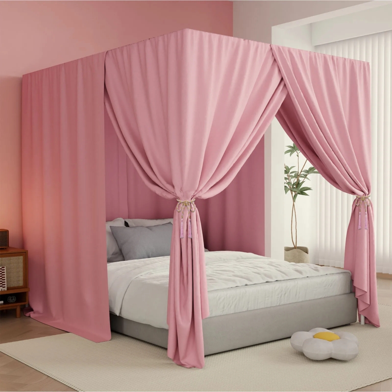 Bed Canopy Floor-Length Curtains Tassel Tie-Backs