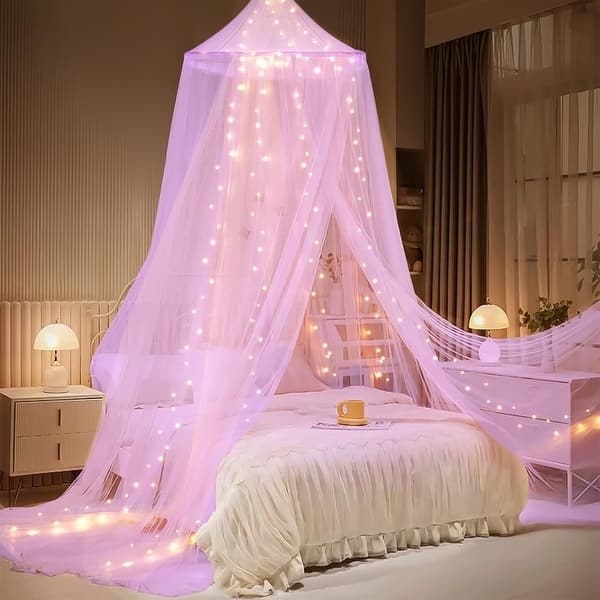 Bed Canopy Lilac Sheer Mesh Integrated LED Lights