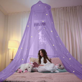 Bed Canopy Purple Sheer Mesh Glowing Star Pattern