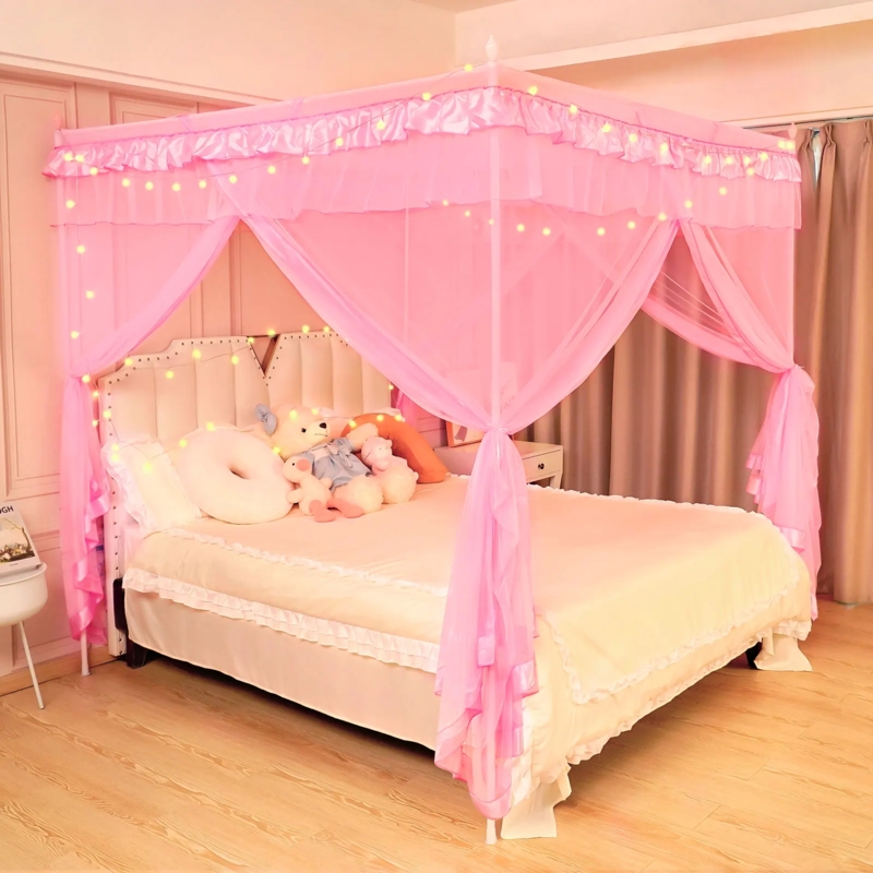 Bed Canopy Sheer Fabric Ruffled Trim String Lights