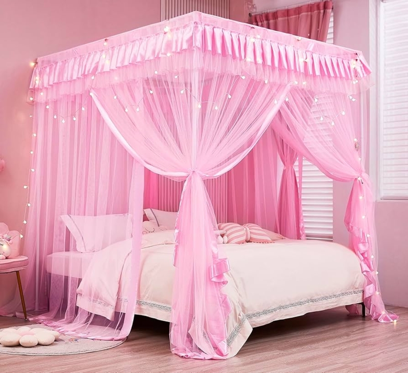 Bed Canopy Sheer Tiered Ruffles Integrated Lights