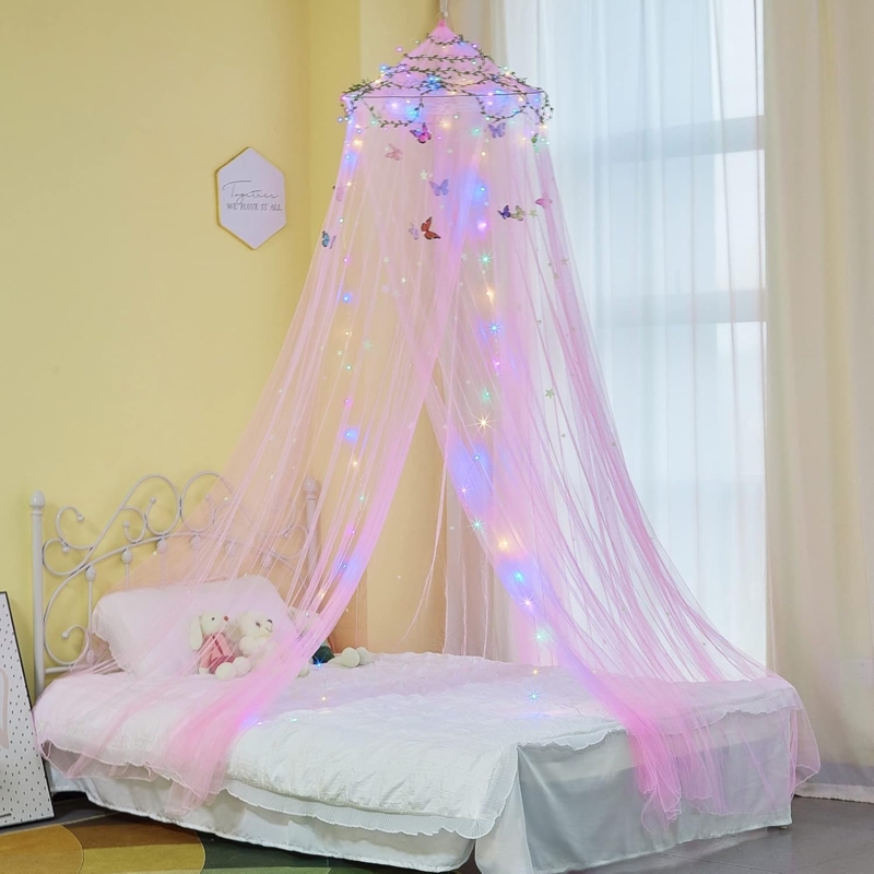 Bed Canopy Vibrant Mesh Butterfly Accents Lights