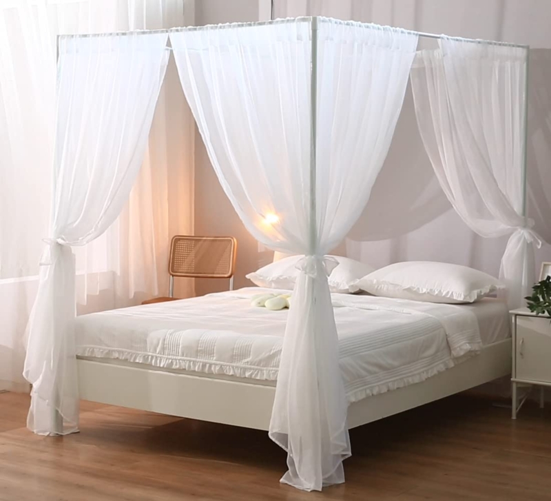 Bed Canopy White Sheer Tie-Back Curtains for Four Poster Frames