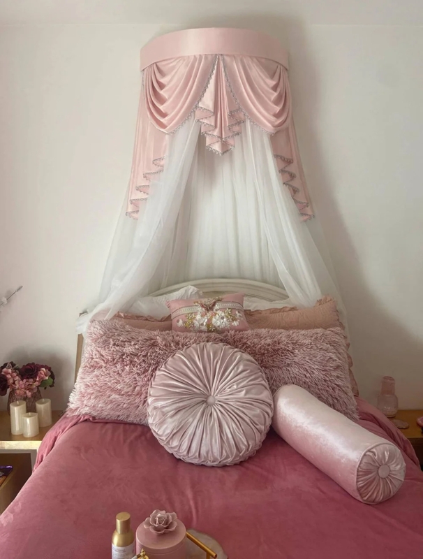 Bed Crown Canopy Wall-Mounted Satin Swags Fringe