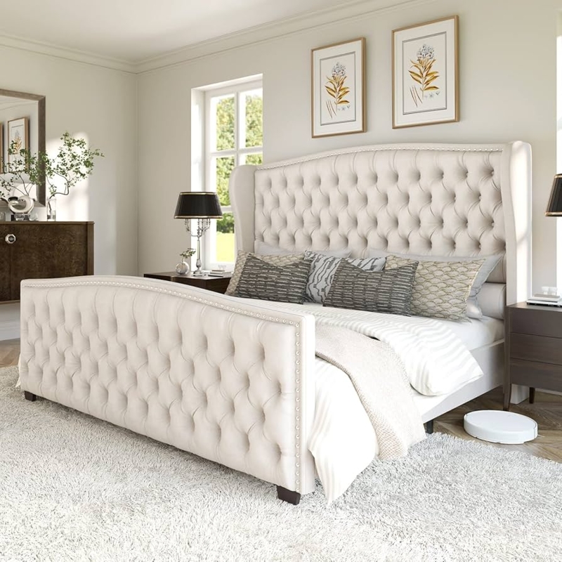 Bed Deep Button Tufted Wingback Nailhead Trim Velvet