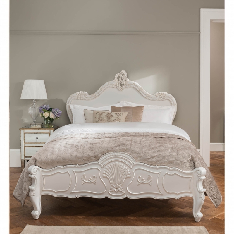 Bed Frame, Antique White, Ornate Carved French Provincial, Shell Motif