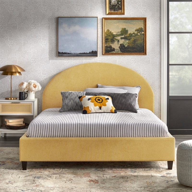 Bed Frame Arched Headboard Yellow Upholstery Tapered Legs