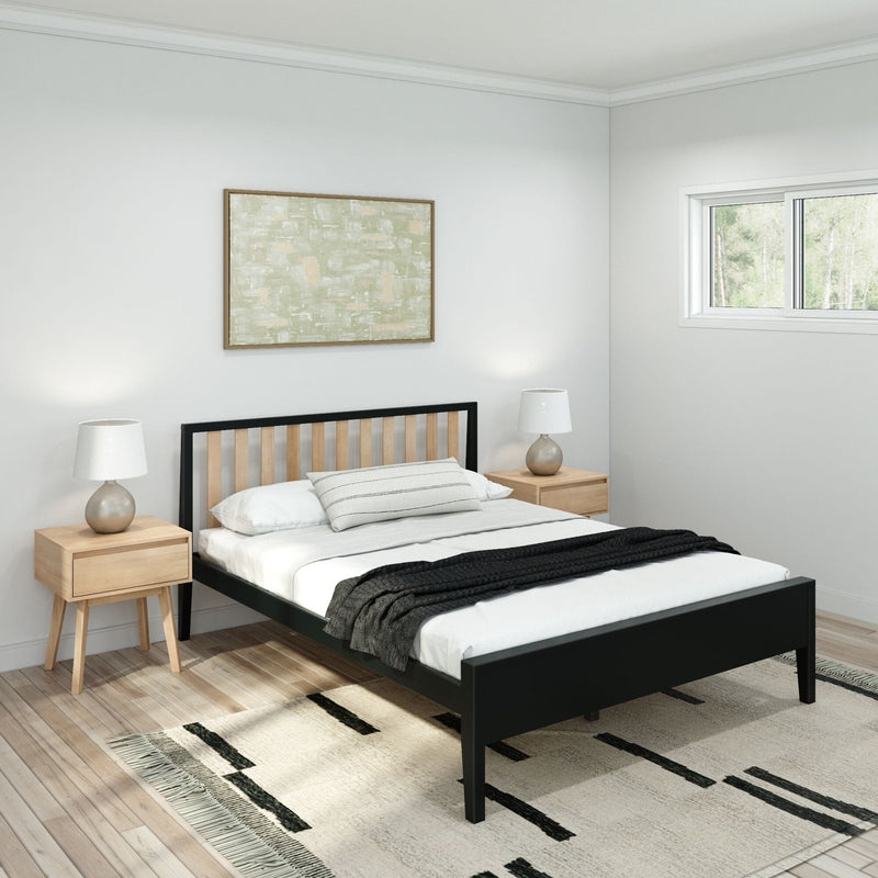 Bed Frame, Black and Wood Contrast, Slatted Headboard, Minimalist Style