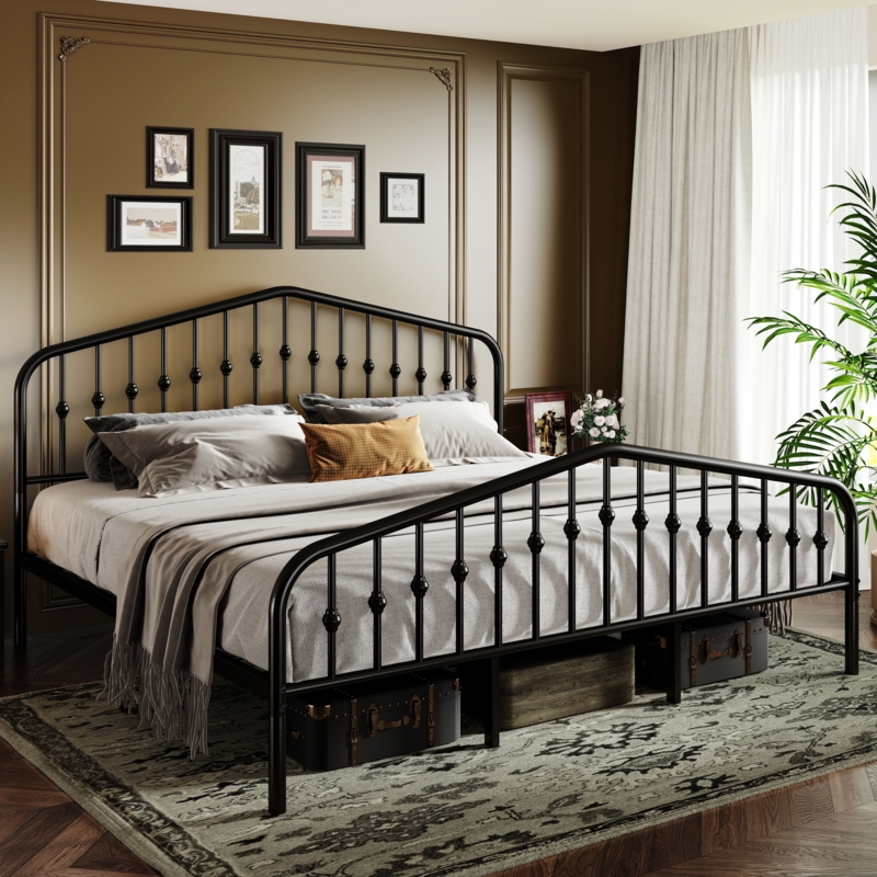 Bed Frame Black Metal Arched Silhouette Victorian Spindle Headboard