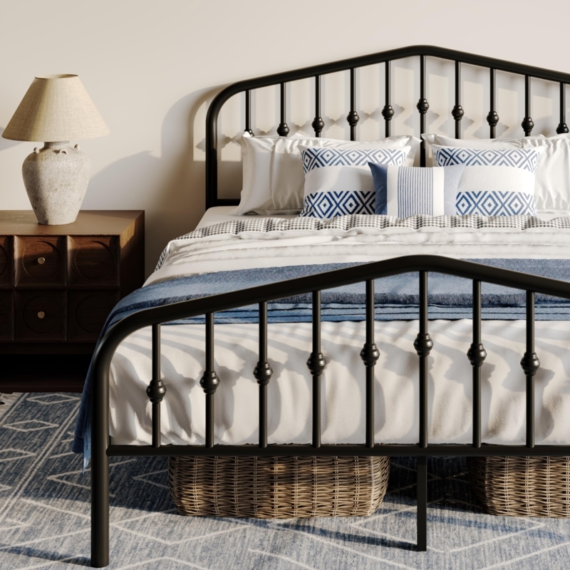Bed Frame Black Metal Arched Spindle with Decorative Ball Joints