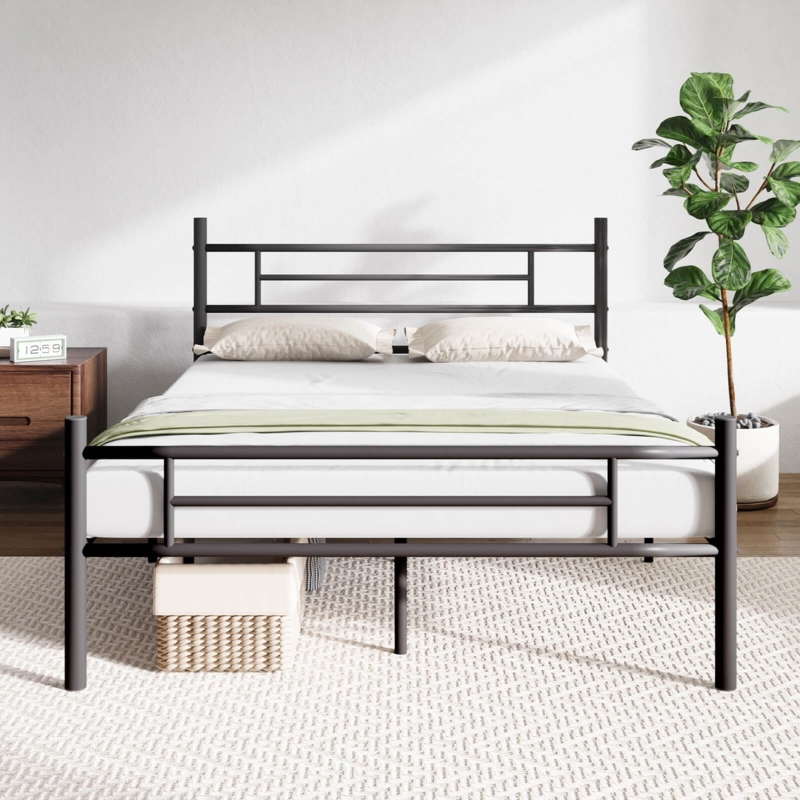 Bed Frame Black Metal Horizontal Slatted Headboard and Footboard Modern