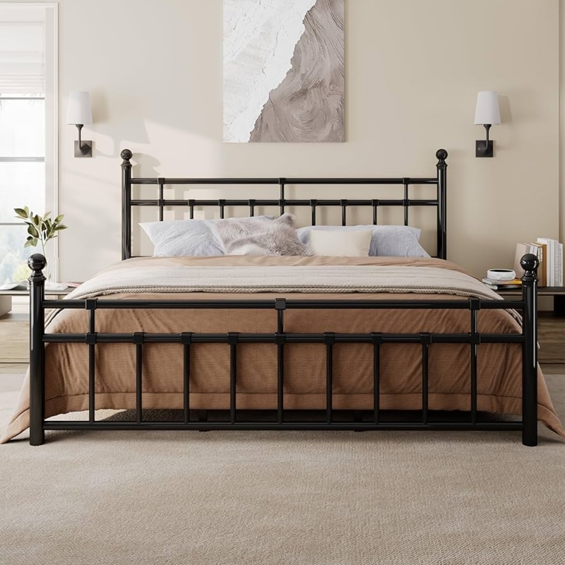 Bed Frame Black Metal Spindle Design Ball Finials Iron Art Headboard