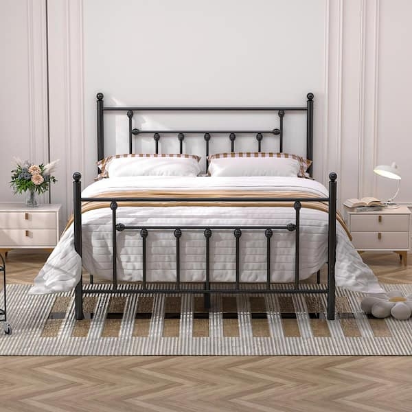 Bed Frame, Black Metal Spindles and Ball Finials