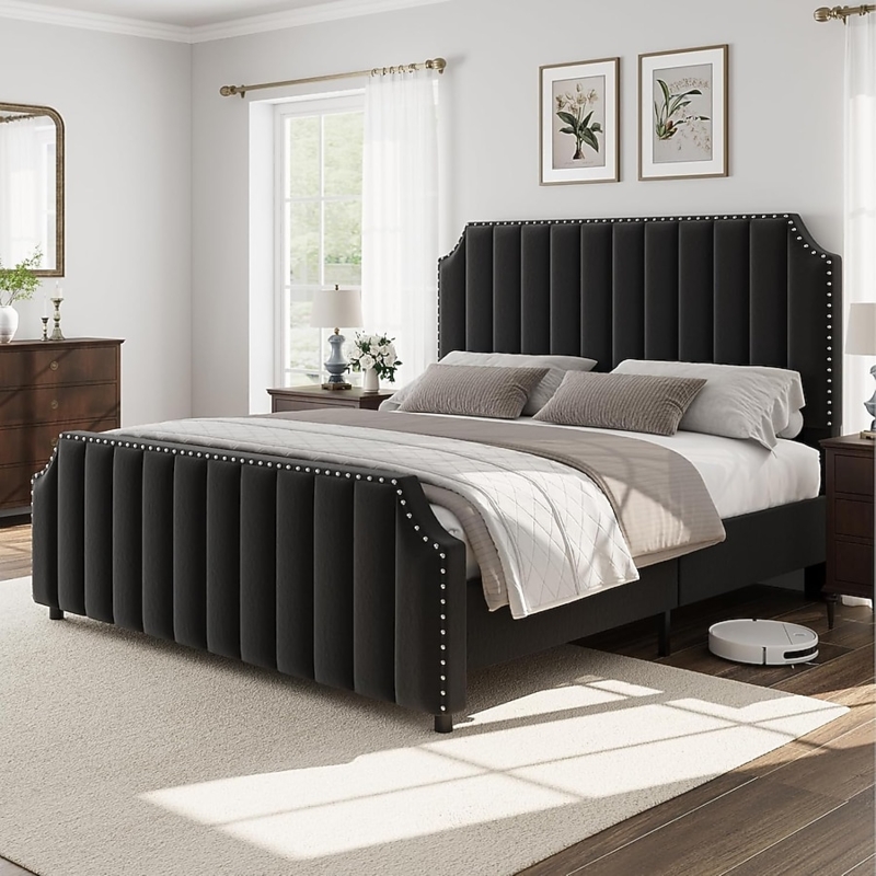 Bed Frame Black Velvet with Channel Tufting and Nailhead Trim