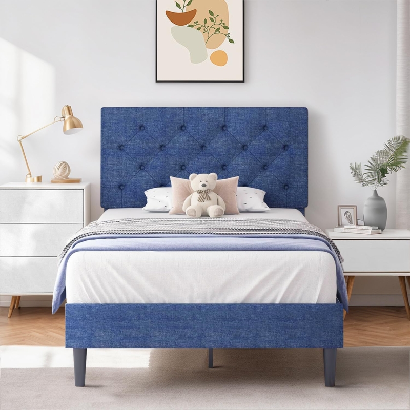 Bed Frame, Blue Linen-Like Fabric with Diamond Button Tufting