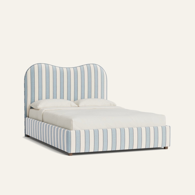 Bed Frame, Blue Striped Linen-Like Fabric with Scalloped Headboard