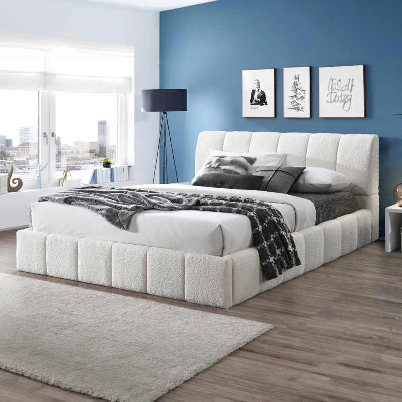 Bed Frame Boucle Fabric Vertical Channeling Modern Style