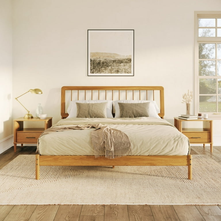 Bed Frame Caramel Wood Slatted Headboard Tapered Legs Mid Century