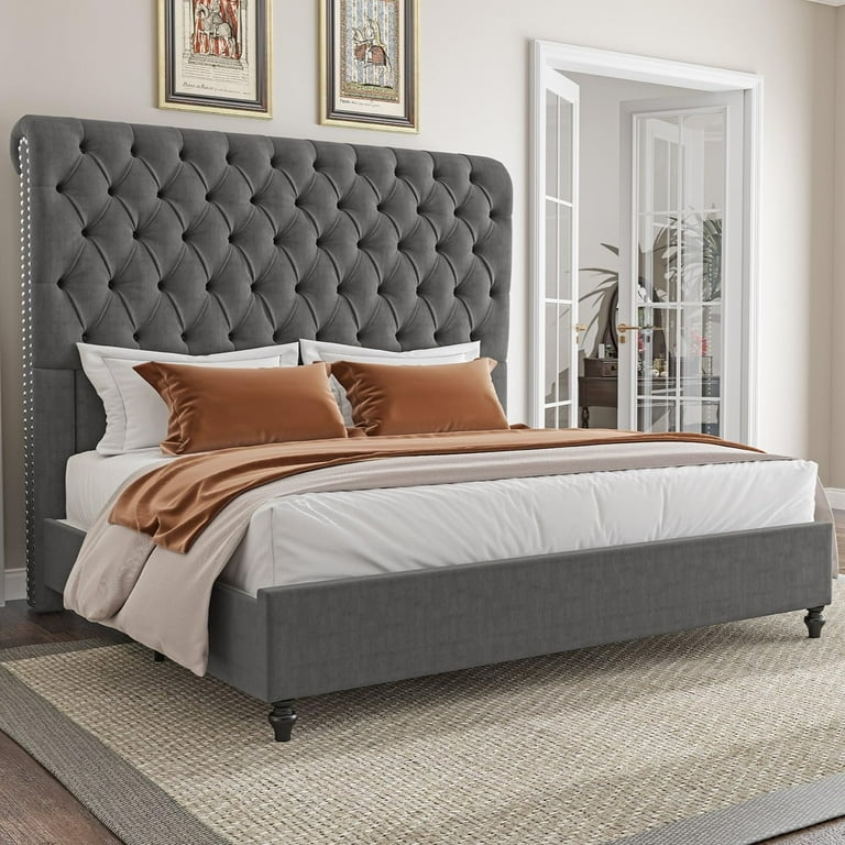 Bed Frame Classic Velvet Tall Sleigh Headboard with Bun Feet