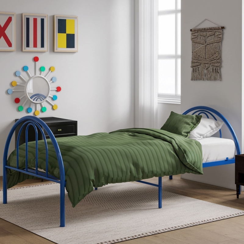 Bed Frame, Cobalt Blue Curved Tubular Metal, Arch Silhouette