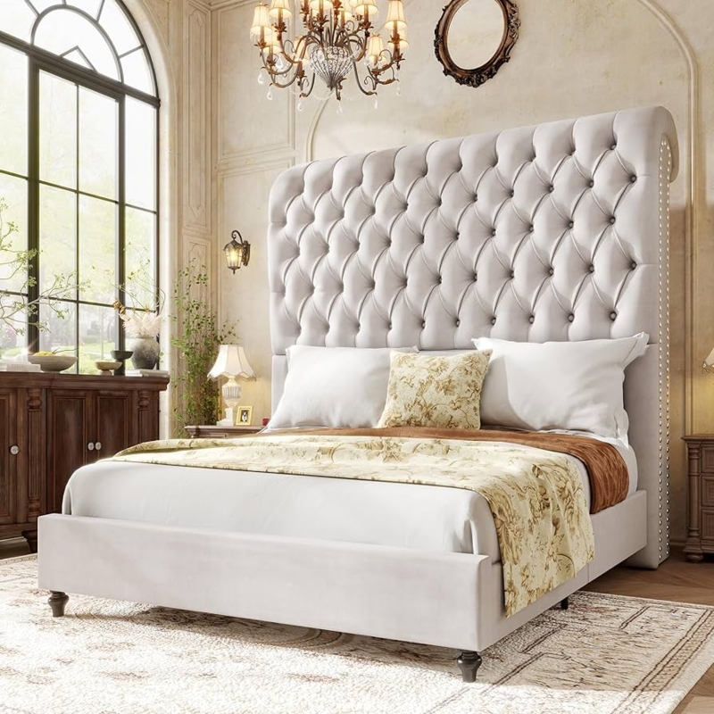 Bed Frame Cream Velvet Extra Tall Diamond Tufted Headboard