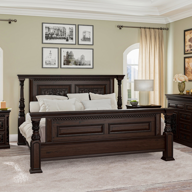 Bed Frame Dark Mahogany Traditional Intricate Carvings Recessed Panels