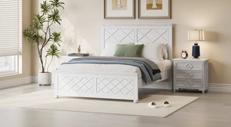 Bed Frame Diamond Lattice Pattern Antique White Finish