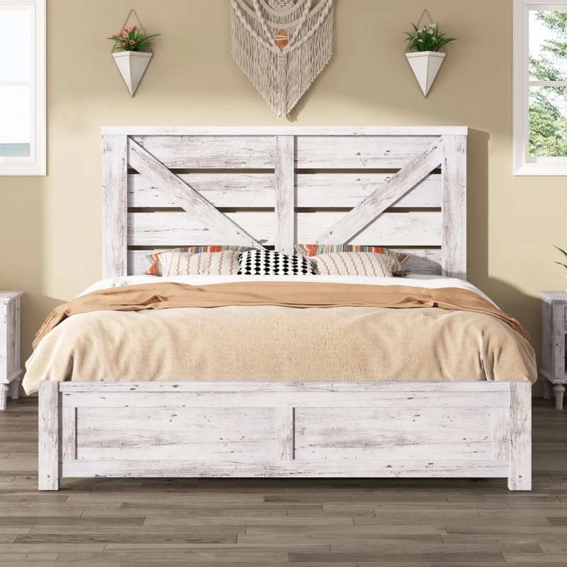 Bed Frame, Distressed White Finish with Barn Door Headboard and X-Brace