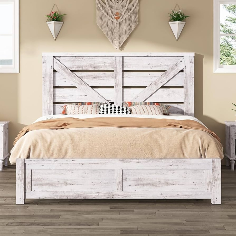 Bed Frame, Distressed Wood Finish, Farmhouse Barn Door, X-Brace Headboard