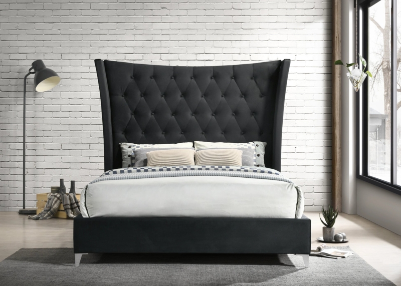Bed Frame Extra Tall Wingback Velvet Industrial Style