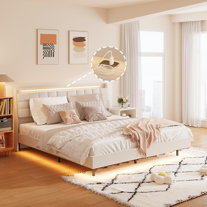 Bed Frame Floating Design with Integrated LED Lighting USB Ports