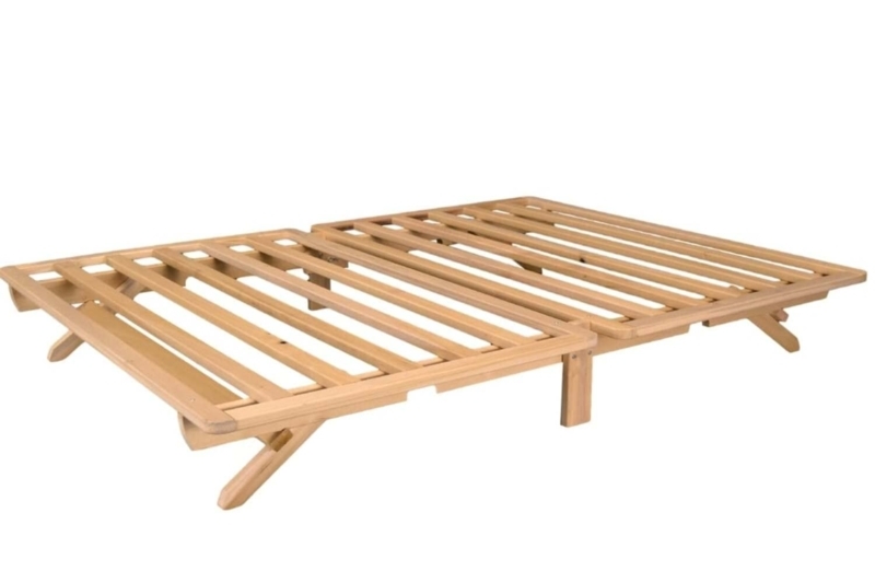 Bed Frame, Folding Unfinished Wood, Slatted Platform Base.