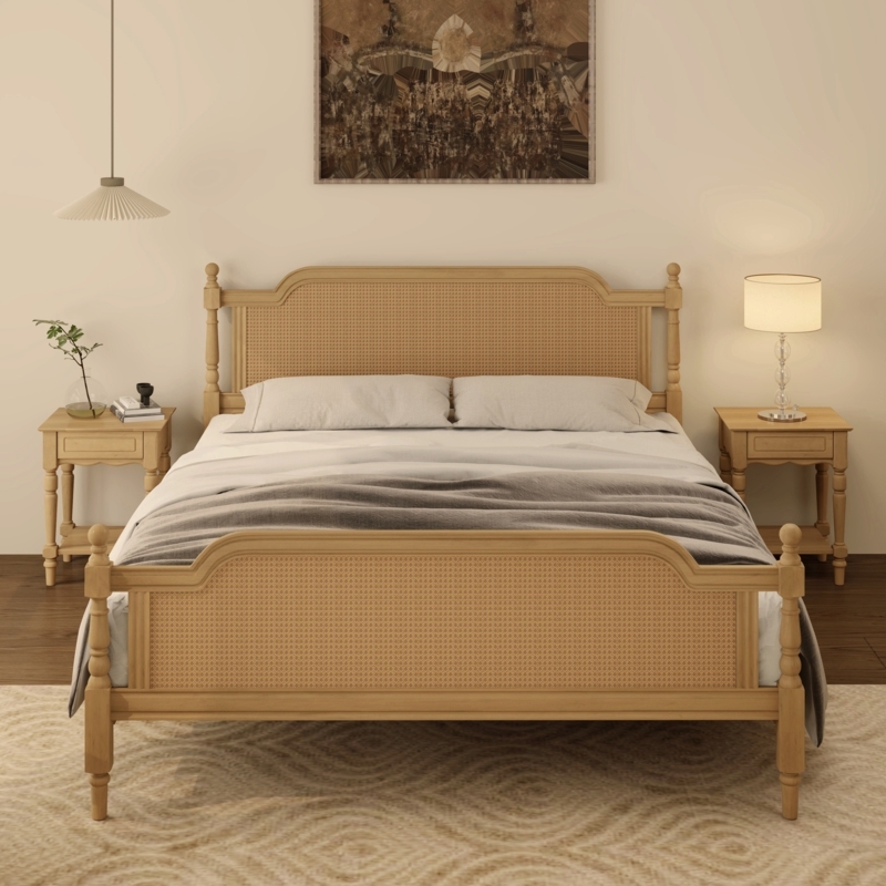 Bed Frame French Provincial Bed Turned Posts Woven Cane Panels